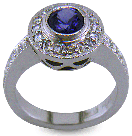 Sapphire and Rose-cut Diamonds set in a handcrafted platinum ring. (J8702)