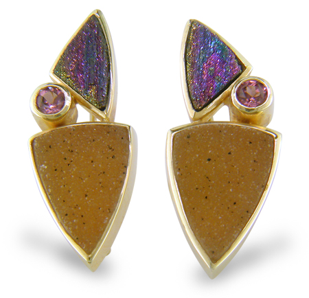 J2905 - Drusy Quartz,  Rainbow Hematite and Rhodolite Garnet 18kt yellow gold earrings - J2905