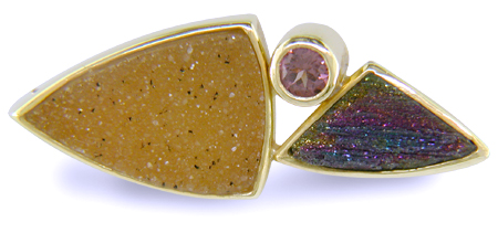 J2905 - Drusy Quartz,  Rainbow Hematite and Rhodolite Garnet 18kt yellow gold earrings - J2905