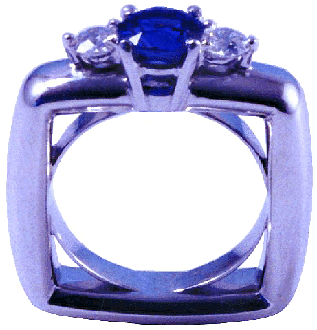 Square platinum ring with sapphire and two diamonds.