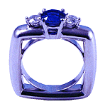Custom square platinum ring with sapphire and diamonds.