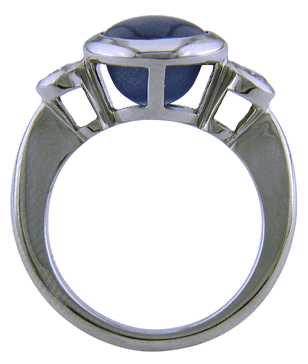 Side view of platinum star sapphire and diamond ring.