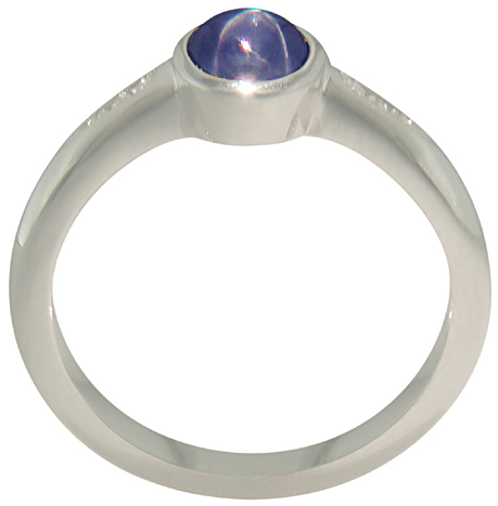 Side view of Star Sapphire and diamond platinum ring. (J7414)