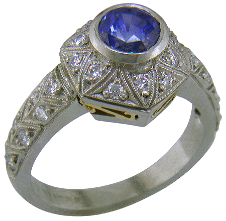 Sapphire and diamonds platinum ring. (J6122)