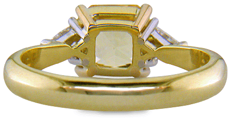 Inside view of square-radiant-cut Yellow Sapphire set with two brilliant-cut diamonds in a handcrafted 18kt gold and platinum ring. (J8711)