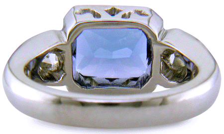 Inside view of Barion-cut Tanzanite and diamond ring. (J7247)