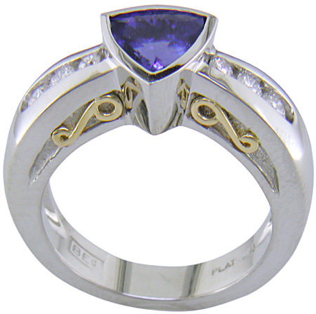 Side view custom tanzanite and diamond platinum ring.