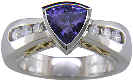 Trillium tanzanite and diamond custom platinum ring.