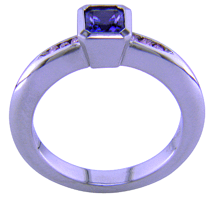 Side view of custom platinum tanzanite and pink diamonds ring.