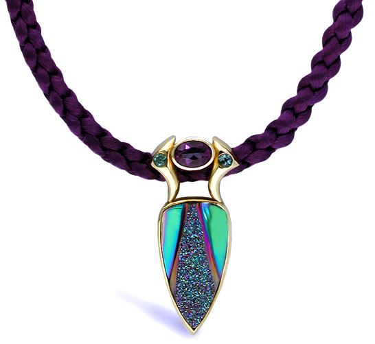 A Titania Drusy Quartz Necklace with Amethyst and Blue-Green Tourmalines, crafted in 18kt yellow gold (J5026)