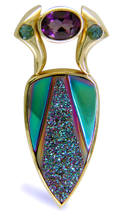 A Titania Drusy Quartz Necklace with Amethyst and Blue-Green Tourmalines, crafted in 18kt yellow gold (J5026)