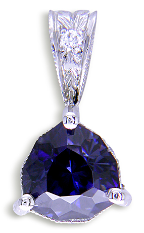 Trillium benitoite pendant accented with with four diamonds.