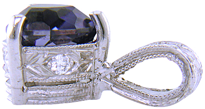 Side view of trillium benitoite pendant accented with with four diamonds.