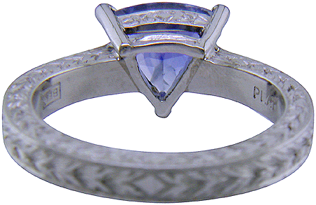 Inside view of platinum engraved ring showing hallmarks.