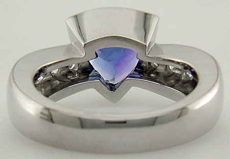 Inside view trillium tanzanite and diamond custom platinum ring.