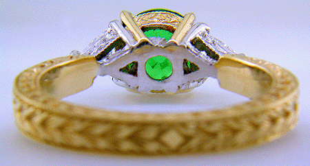 Inside view of 18kt gold ring with tsavorite garnet and diamonds.