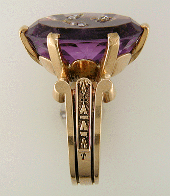 Side view of Victorian amethyst ring with rose-cut diamonds.