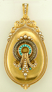 Victorian locket with diamonds, pearls and turquoise.