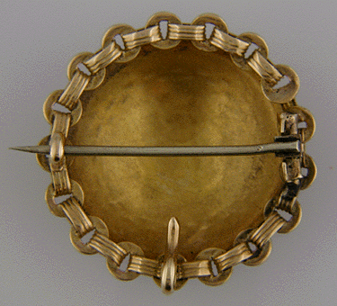 Rear view of 18kt gold Victorian bulla brooch.