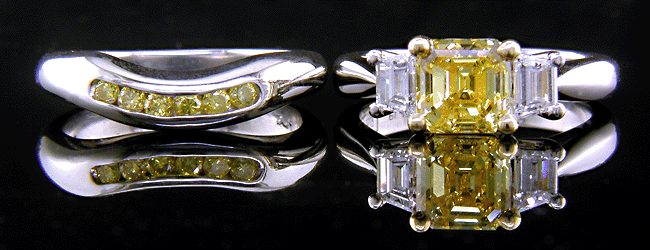 Side-by-side view of vivid yellow emerald-cut diamond ring and contoured band.