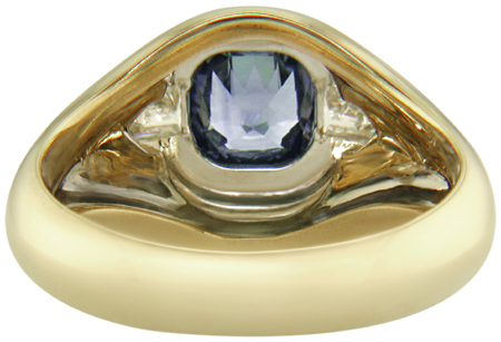 Inside view of custom Sapphire and Diamond ring crafted in 18kt gold and platinum.