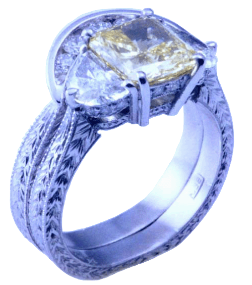 Fancy yellow diamond set in a platinum ring with a matching custom fit band.