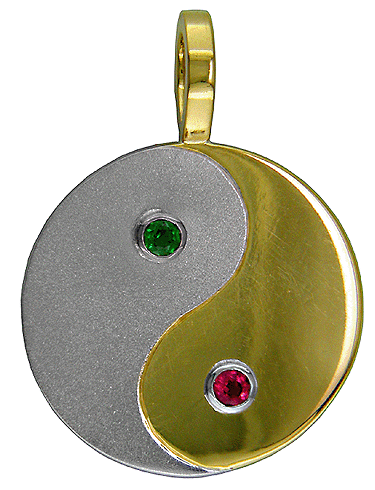 Custom platinum and 22kt yellow gold pendant with Tsavorite Garnet and Tourmaline.