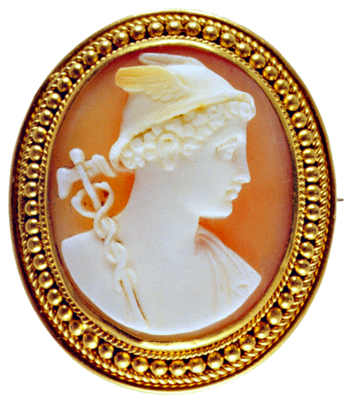 Victorian cameo brooch of the Roman god Mercury. (J3560)