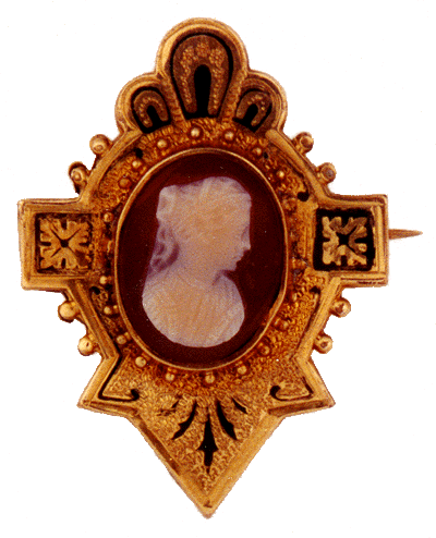 Victorian Sardonyx Cameo in shield shaped pin. (J1905)