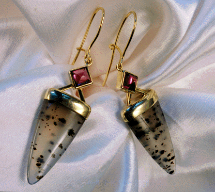 Earrings with dendritic agates and rhodolite garnets.