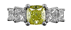 Platinum ring featuring a fancy yellow diamond and 19 princess cut diamonds.