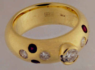 View of hallmarks in 14kt yellow gold ring.