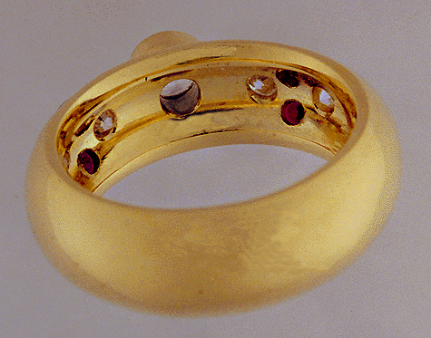 Diamond and Garnet dome style yellow gold ring inside view-  Bijoux Extraordinaire Custom Designed Jewelry