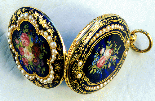 double view of enameled watch cases.