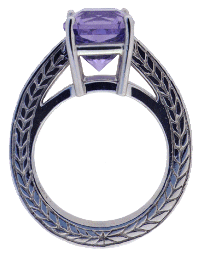 Side view of engraved platinum ring with lavender spinel.