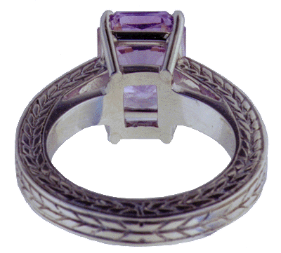 Inside view of engraved platinum rin with lavender spinel.
