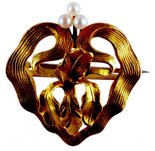 Art Nouveau iris pin with pearls in 14kt gold.
