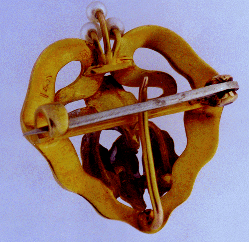 Rear view of Art Nouveau iris pin.