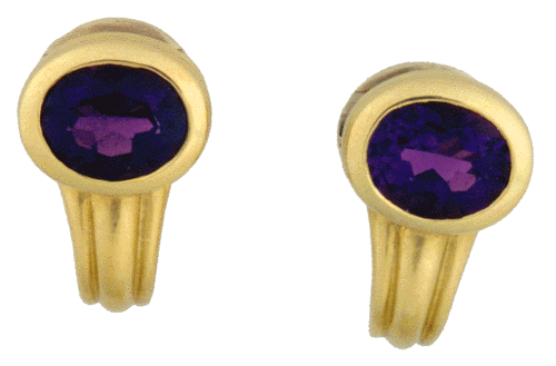 Top view of amethyst earrings in 18kt gold.