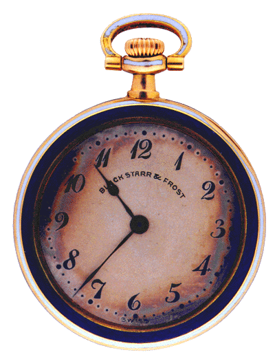 Dial of purple enamel and gold pendant watch.