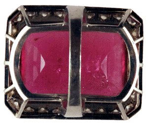 Bottoms-up view of platinum ring with rubellite tourmaline and diamonds.
