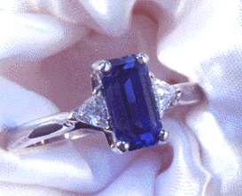 Face-up view of sapphire and platinum ring.