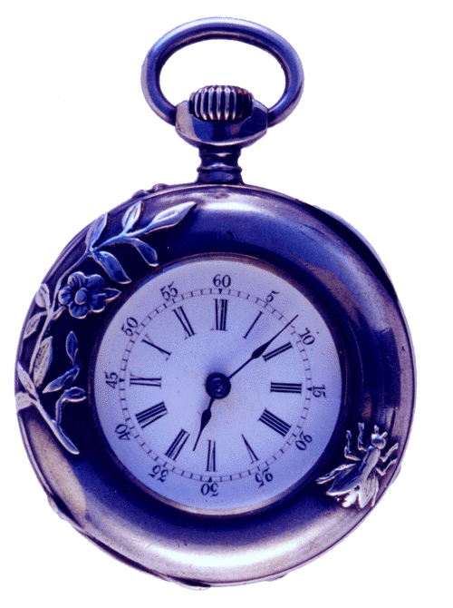 Front view of silver Victorian watch with naturalistic design elements.