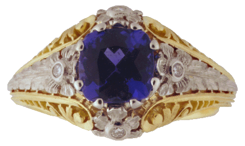 Filigree ring with tanzanite and diamonds.